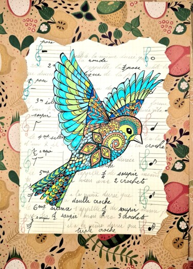Collagen mit dem Titel "L'Oiseau Bleu" von Christine Germant, Original-Kunstwerk, Marker Auf Karton montiert