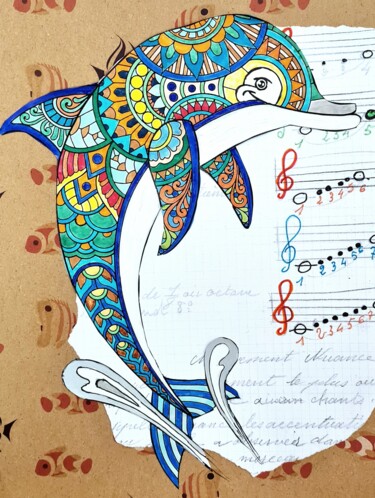 Collagen mit dem Titel "Dolphin" von Christine Germant, Original-Kunstwerk, Marker