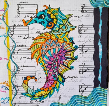 Collages intitolato "Seahorse" da Christine Germant, Opera d'arte originale, Pennarello Montato su Cartone