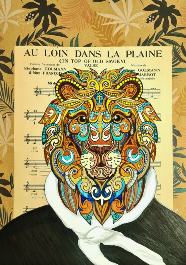 Collagen mit dem Titel "ALEX, lion citadin" von Christine Germant, Original-Kunstwerk, Marker