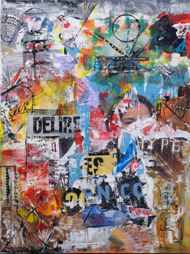 Collages titled "Délire" by Chriso, Original Artwork, Collages Mounted on Wood Stretcher frame