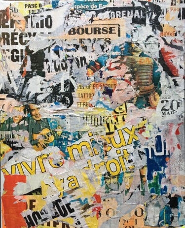 Collages titled "Vivre mieux on y a…" by Chriso, Original Artwork, Collages Mounted on Wood Stretcher frame