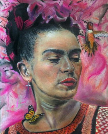 Рисунок под названием "Frida Kahlo-Viva la…" - Christian Mora Gómez, Подлинное произведение искусства, Пастель