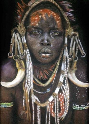 Dibujo titulada "Chica Africana" por Christian Mora Gómez, Obra de arte original, Pastel