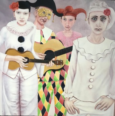 Painting titled "Two pierrot’s with…" by Christopher Skelton, Original Artwork, Oil Mounted on Wood Panel