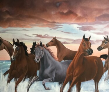Pintura titulada "6 horses running in…" por Christopher Skelton, Obra de arte original, Oleo Montado en Panel de madera