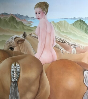 Pintura intitulada "Girl riding a Breto…" por Christopher Skelton, Obras de arte originais, Óleo Montado em Painel de madeira