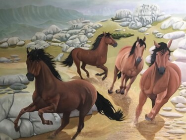 Schilderij getiteld "Horses running down…" door Christopher Skelton, Origineel Kunstwerk, Olie Gemonteerd op Andere stijve p…