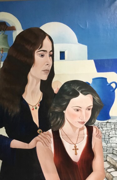Peinture intitulée "Two girls on Mykonos" par Christopher Skelton, Œuvre d'art originale, Huile Monté sur Châssis en bois