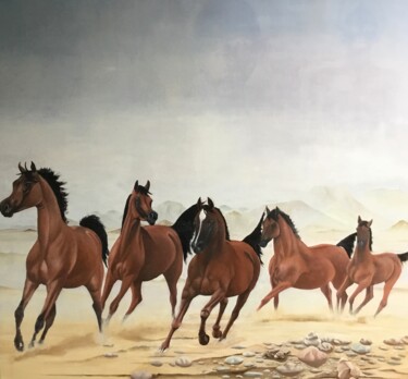Pintura intitulada "5 horses with the J…" por Christopher Skelton, Obras de arte originais, Óleo Montado em Painel de madeira