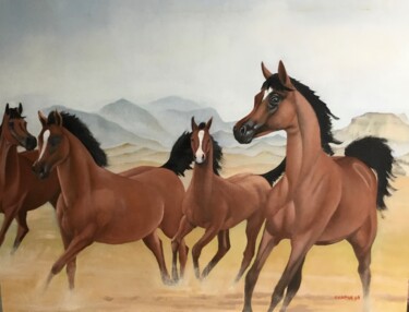 Peinture intitulée "4 horses by the Jeb…" par Christopher Skelton, Œuvre d'art originale, Huile Monté sur Panneau de bois