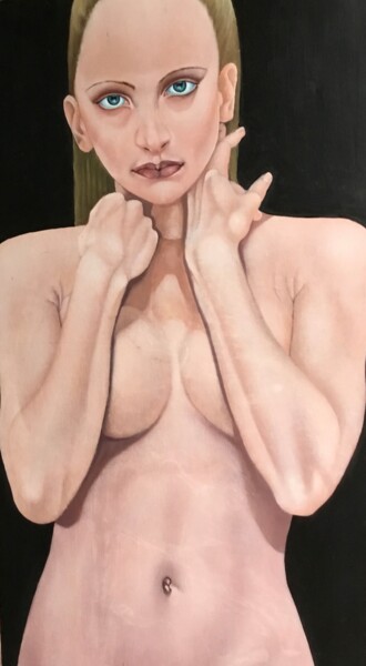 Painting titled "Girl with hands to…" by Christopher Skelton, Original Artwork, Oil Mounted on Wood Panel