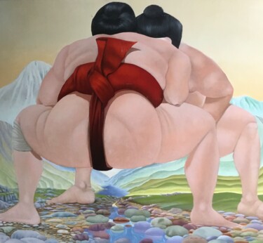 Schilderij getiteld "Sumo wrestlers" door Christopher Skelton, Origineel Kunstwerk, Olie