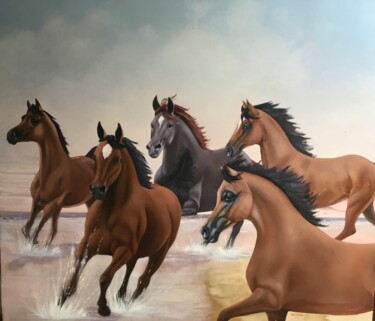 Painting titled "5 horses by the sea." by Christopher Skelton, Original Artwork, Oil Mounted on Wood Panel