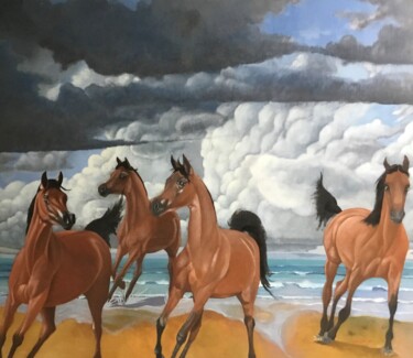 Pintura intitulada "Horses on a beach.…" por Christopher Skelton, Obras de arte originais, Óleo Montado em Painel de madeira