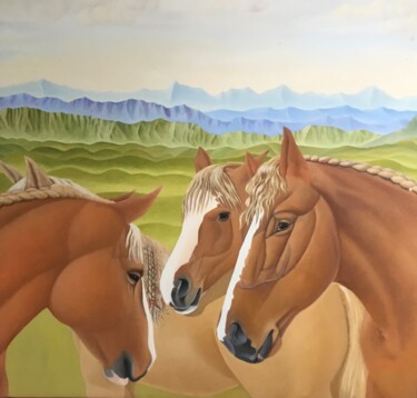 Schilderij getiteld "Four Breton horses." door Christopher Skelton, Origineel Kunstwerk, Olie