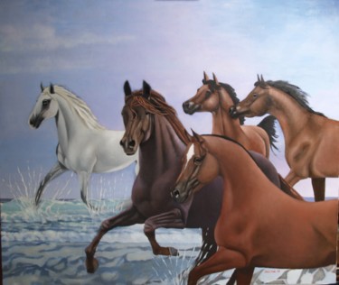 Pintura titulada "5 horses running in…" por Christopher Skelton, Obra de arte original, Oleo Montado en Panel de madera