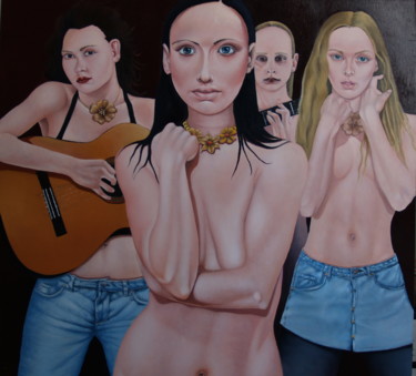 Painting titled "4 Girls, one with a…" by Christopher Skelton, Original Artwork, Oil Mounted on Wood Panel