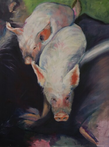 Malerei mit dem Titel "Schweinebande" von Christa Riemann, Original-Kunstwerk, Acryl Auf Holzplatte montiert