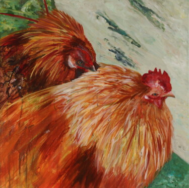 Painting titled "Huhn und Hühnchen" by Christa Riemann, Original Artwork, Acrylic Mounted on Wood Stretcher frame