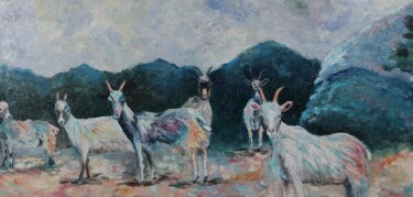 Malerei mit dem Titel "Kleines Ziegengesin…" von Christa Riemann, Original-Kunstwerk, Öl Auf Plexiglas montiert