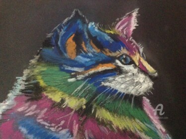 Drawing titled "Chat coloré" by Christel, Original Artwork, Chalk Mounted on Cardboard