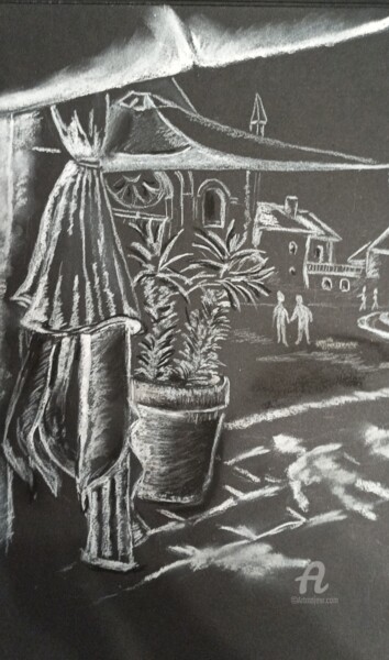 Drawing titled "Place à Ischia" by Christel, Original Artwork, Pastel Mounted on Cardboard