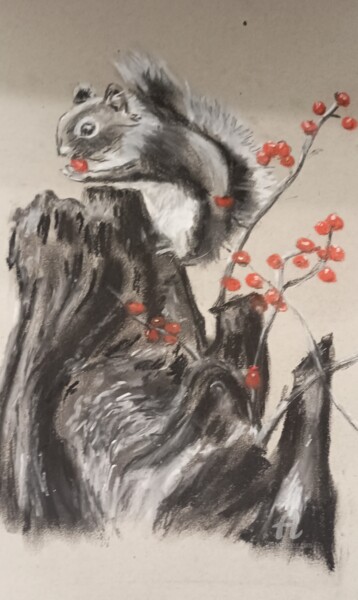 Desenho intitulada "L’ecureuil" por Christel, Obras de arte originais, Pastel