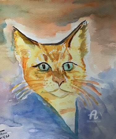 Painting titled "Paco le chat" by Christel, Original Artwork, Watercolor
