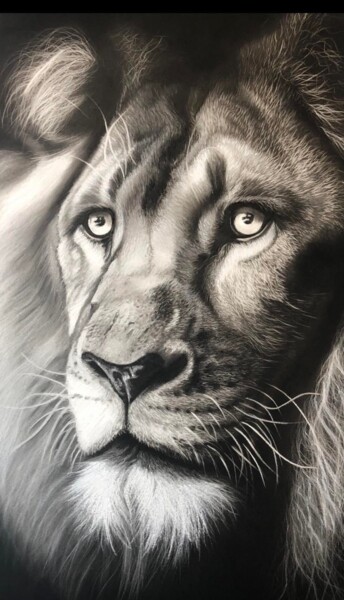 Schilderij getiteld "Le lion 2" door Christel David, Origineel Kunstwerk, Pastel