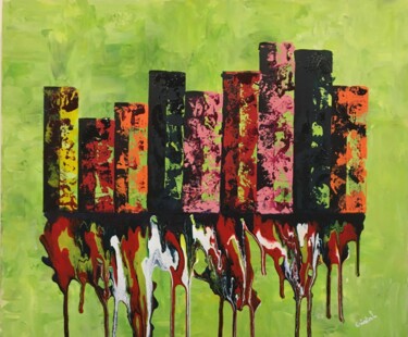 Painting titled "Ville Fondue" by Christel Ferrasse, Original Artwork, Acrylic Mounted on Wood Stretcher frame