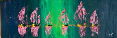 Schilderij getiteld "Pink on green" door Christel Ferrasse, Origineel Kunstwerk, Acryl Gemonteerd op Frame voor houten branc…