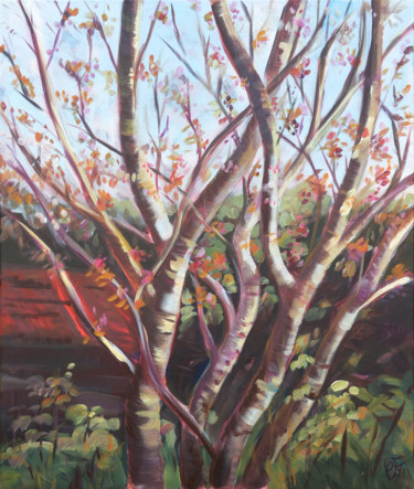 Painting titled "Prunus en boutons" by Christel Fréon, Original Artwork, Acrylic