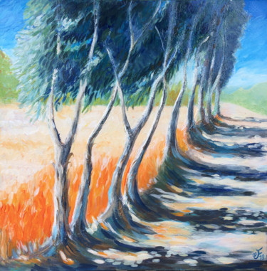 Painting titled "L'allée des eucalyp…" by Christel Fréon, Original Artwork, Acrylic Mounted on Wood Stretcher frame