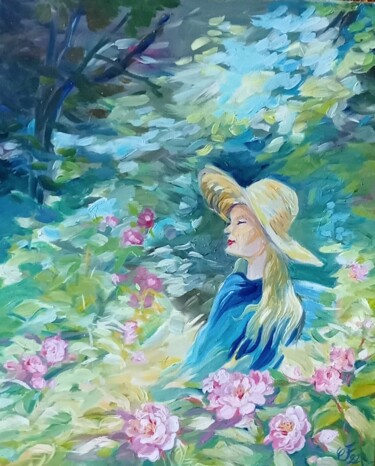 Картина под названием "Varvara et les roses" - Christel Fréon, Подлинное произведение искусства, Масло Установлен на Деревян…