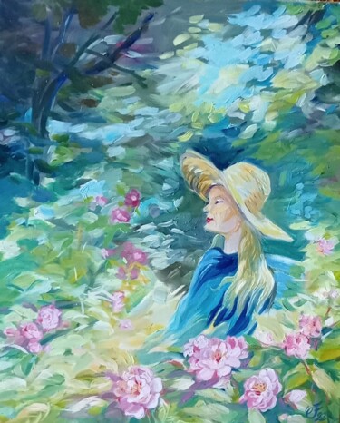 Painting titled "Varvara et les roses" by Christel Fréon, Original Artwork, Oil Mounted on Wood Stretcher frame