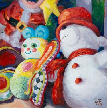 Painting titled "Le doudou papillon" by Christel Fréon, Original Artwork, Oil Mounted on Cardboard
