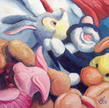 Painting titled "Tas de peluches" by Christel Fréon, Original Artwork, Oil Mounted on Cardboard