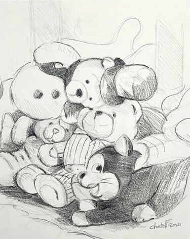 Zeichnungen mit dem Titel "Les jouets du placa…" von Christel Fréon, Original-Kunstwerk, Bleistift Auf Karton montiert