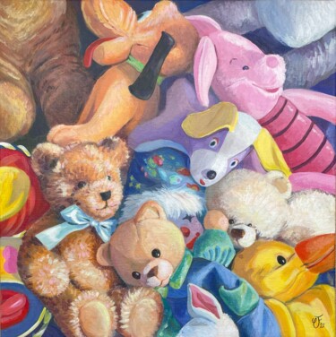 Painting titled "Teddy &Co" by Christel Fréon, Original Artwork, Acrylic Mounted on Wood Stretcher frame