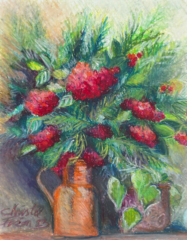 Drawing titled "Bouquet d'hiver" by Christel Fréon, Original Artwork, Pastel Mounted on Cardboard