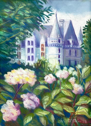 Dessin intitulée "Hortensia à Azay-le…" par Christel Fréon, Œuvre d'art originale, Pastel Monté sur Carton