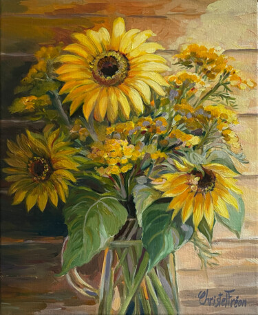 Painting titled "Bouquet jaune" by Christel Fréon, Original Artwork, Oil Mounted on Wood Stretcher frame