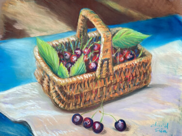 Drawing titled "Petit panier de cer…" by Christel Fréon, Original Artwork, Pastel