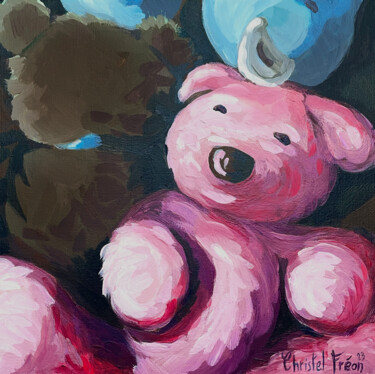 Malerei mit dem Titel "Pink Teddy" von Christel Fréon, Original-Kunstwerk, Acryl Auf Karton montiert