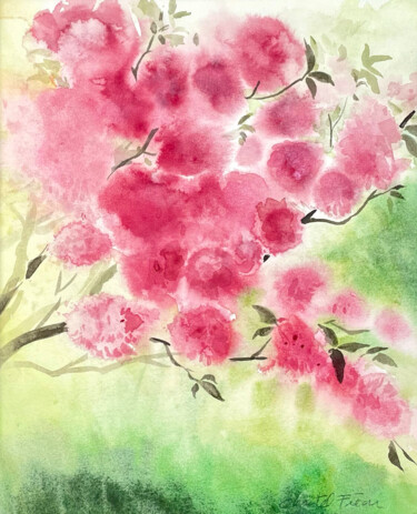 Drawing titled "Sakura" by Christel Fréon, Original Artwork, Watercolor Mounted on Cardboard