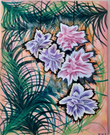 Painting titled "Fleuraison" by Christel Le Goff-Grataloup, Original Artwork, Acrylic Mounted on Wood Stretcher frame