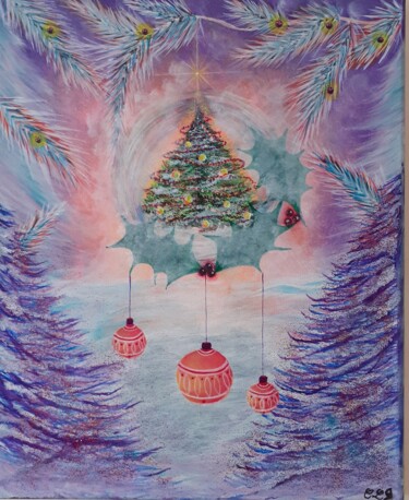 Painting titled "Noël flotte" by Christel Le Goff-Grataloup, Original Artwork, Acrylic Mounted on Wood Stretcher frame