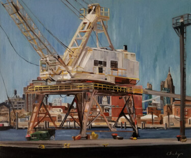 Painting titled "Crane" by Christel Soubeyre, Original Artwork, Oil Mounted on Wood Stretcher frame