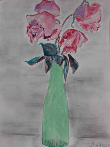 Ζωγραφική με τίτλο "Vase aux trois roses" από Christelle Carlton, Αυθεντικά έργα τέχνης, Ακρυλικό